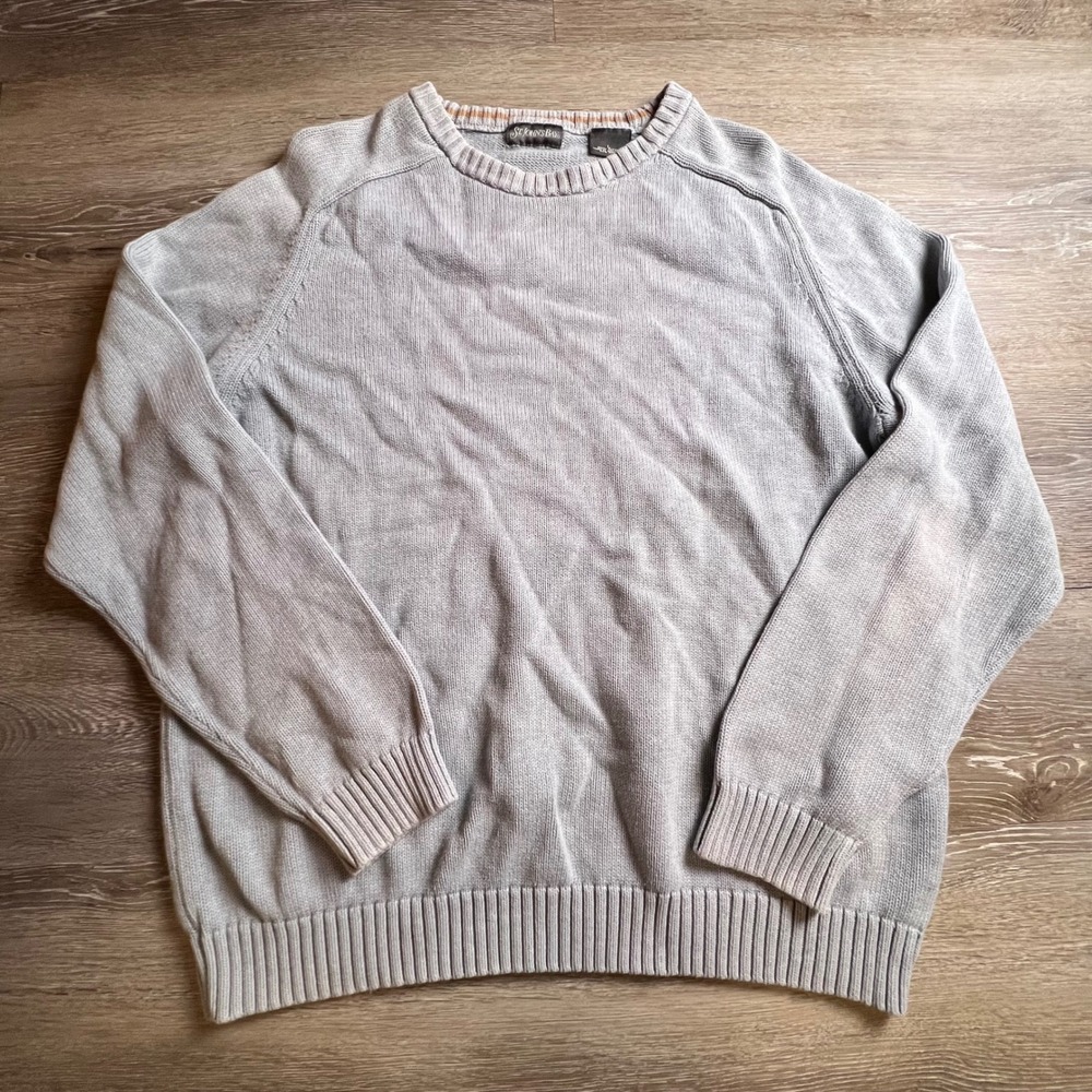 St Johns Bay Sweater Mens L Gray Cotton Knit Crew Neck Raglan Casual AV40